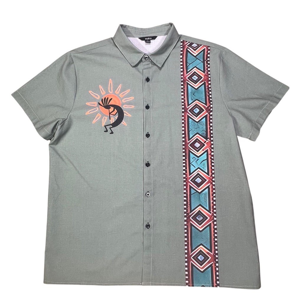 Ouku Mens Kokopelli Sun‎ Southwestern Style Short Sleeve Button Up Shirt XL